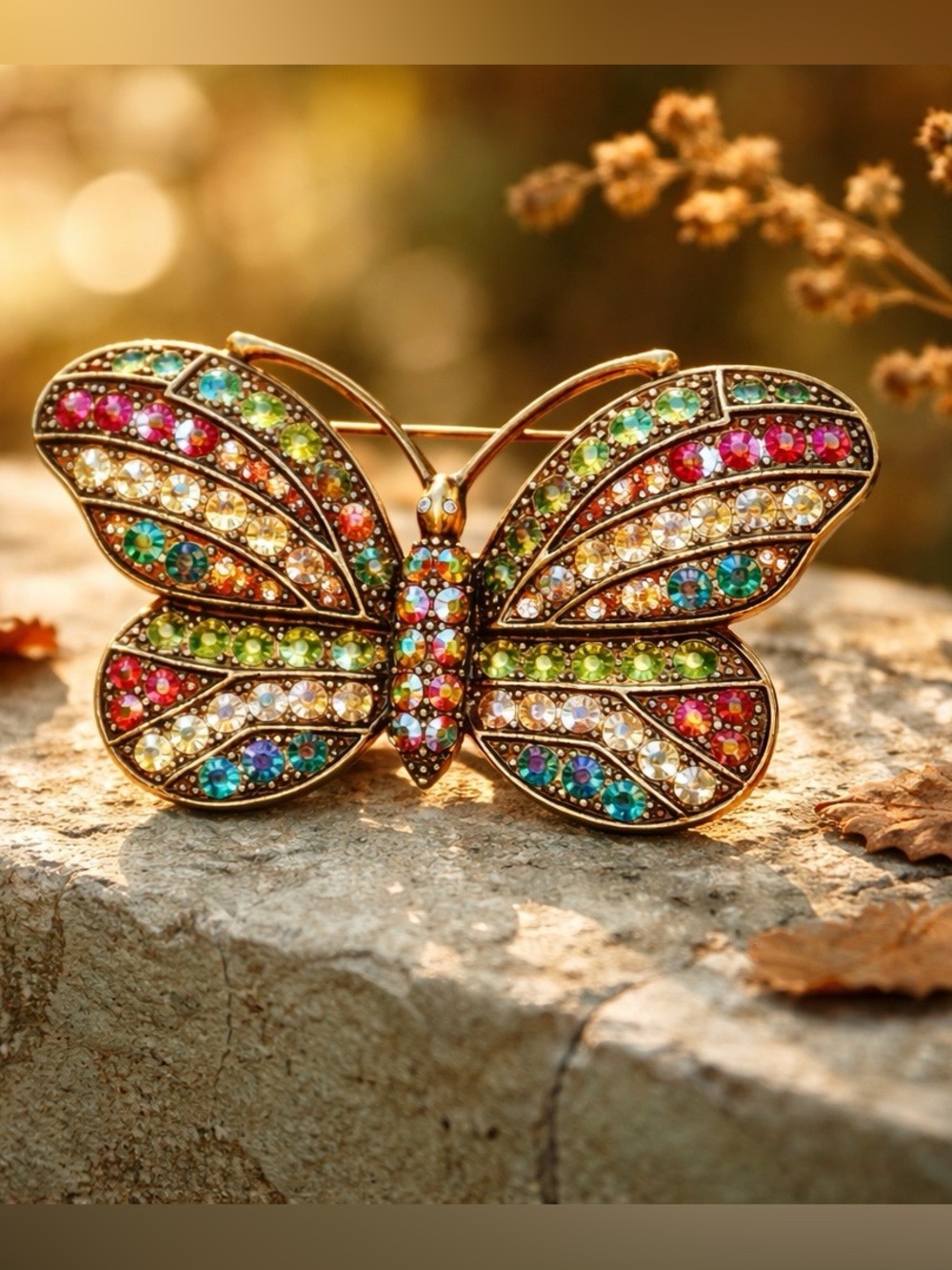 Kirks Folly AB Rhinestone Butterfly Brooch Signed Gold Tone Large 1.75”x 3” Luxe